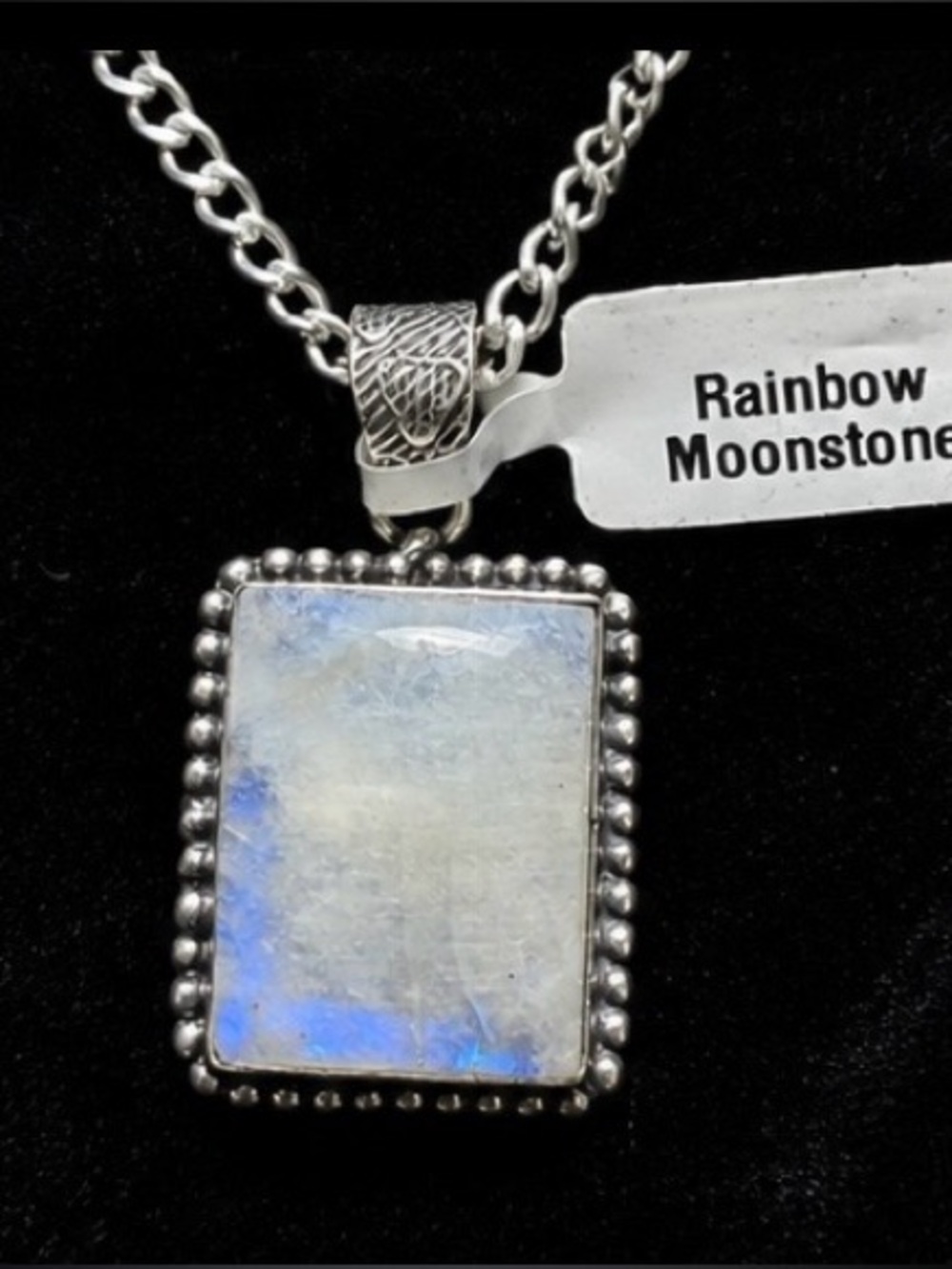 NEW Rainbow Moonstone Necklace 20” Silver Overlay Blue Flash Pendant